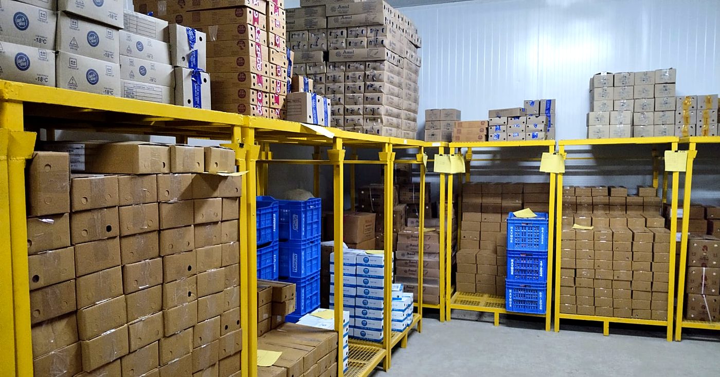 Cartons marked -18°C stacked in the frozen storage chamber at the cold storage near Coimbatore
